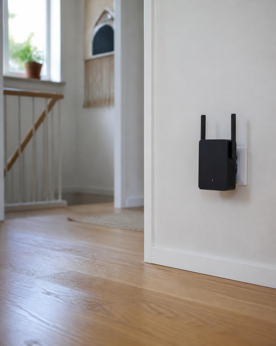 WiFi XtraBoost -toistin kytkettynä pistorasiaan yläkerran käytävällä